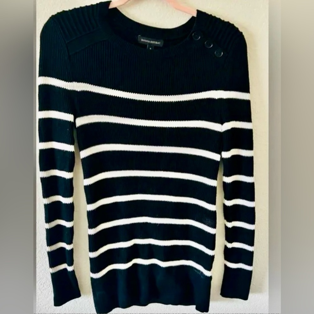 Banana Republic Womens Black White Striped‎ Ribbed Merino Wool Blend Sweater S